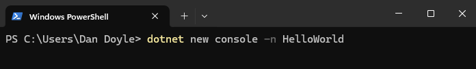 A screenshot of a terminal showing the command to create a C# console project
