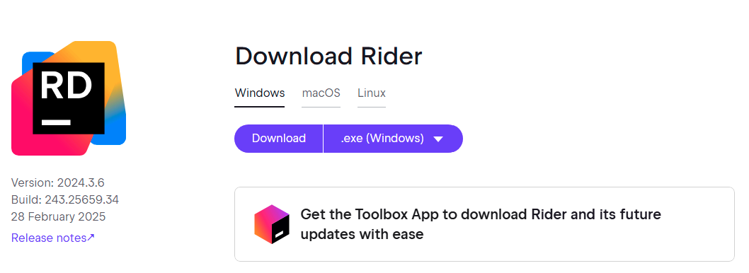 A screenshot of the JetBrains Rider download page