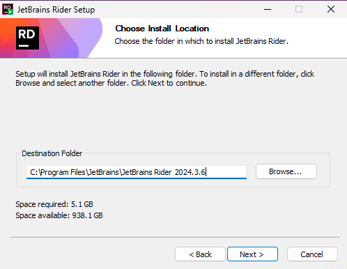 A screenshot of the JetBrains Rider choose install location screen