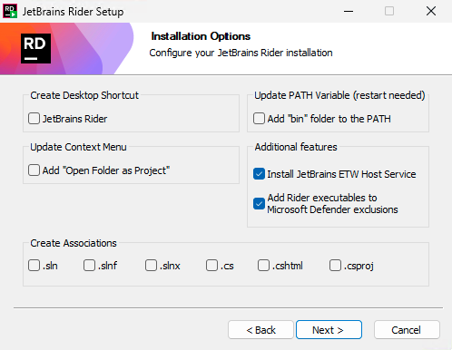A screenshot of the JetBrains Rider installation options screen
