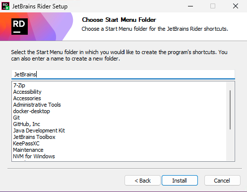 A screenshot of the JetBrains Rider choose start menu folder screen