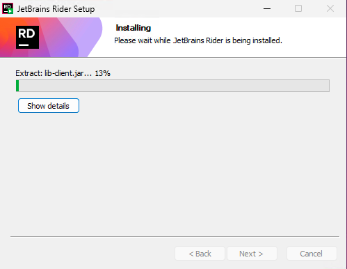 A screenshot of the JetBrains Rider installing screen