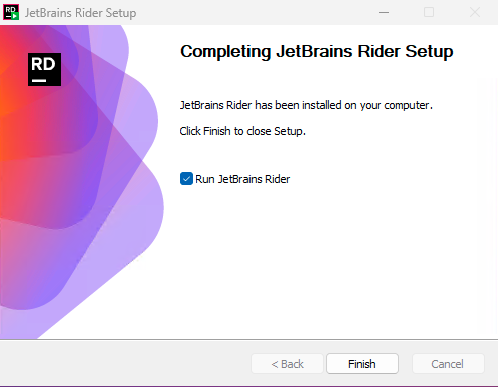 A screenshot of the JetBrains Rider completing JetBrains Rider setup screen