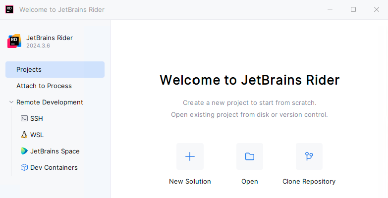 A screenshot of JetBrains Rider welcome screen