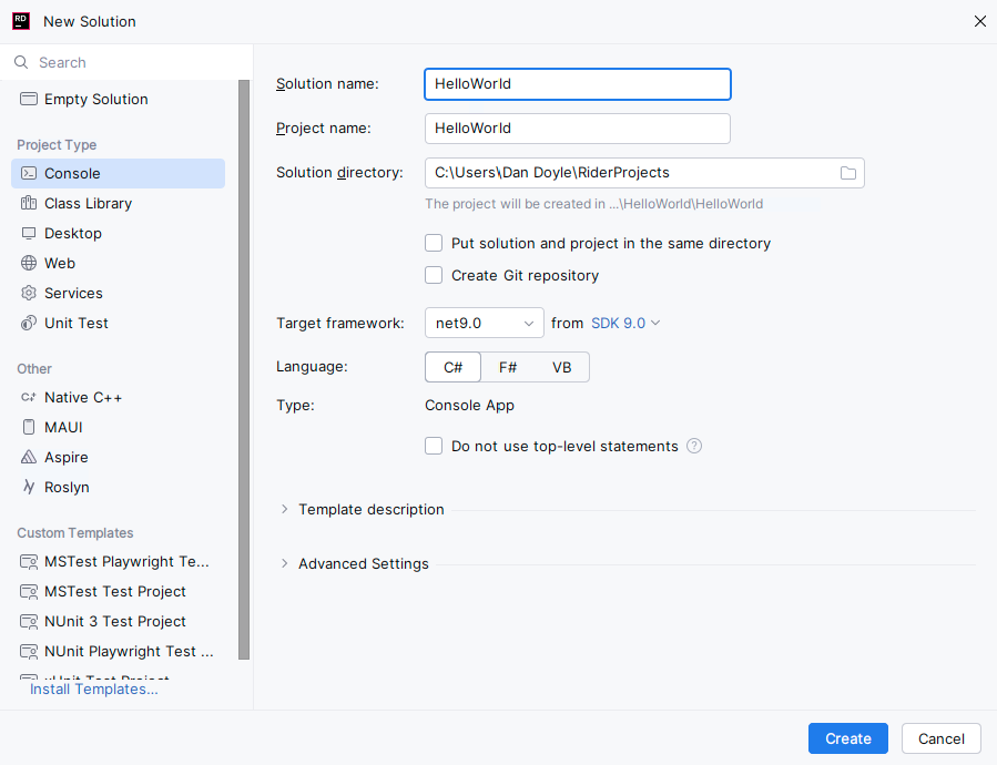 A screenshot of JetBrains Rider New Solution screen