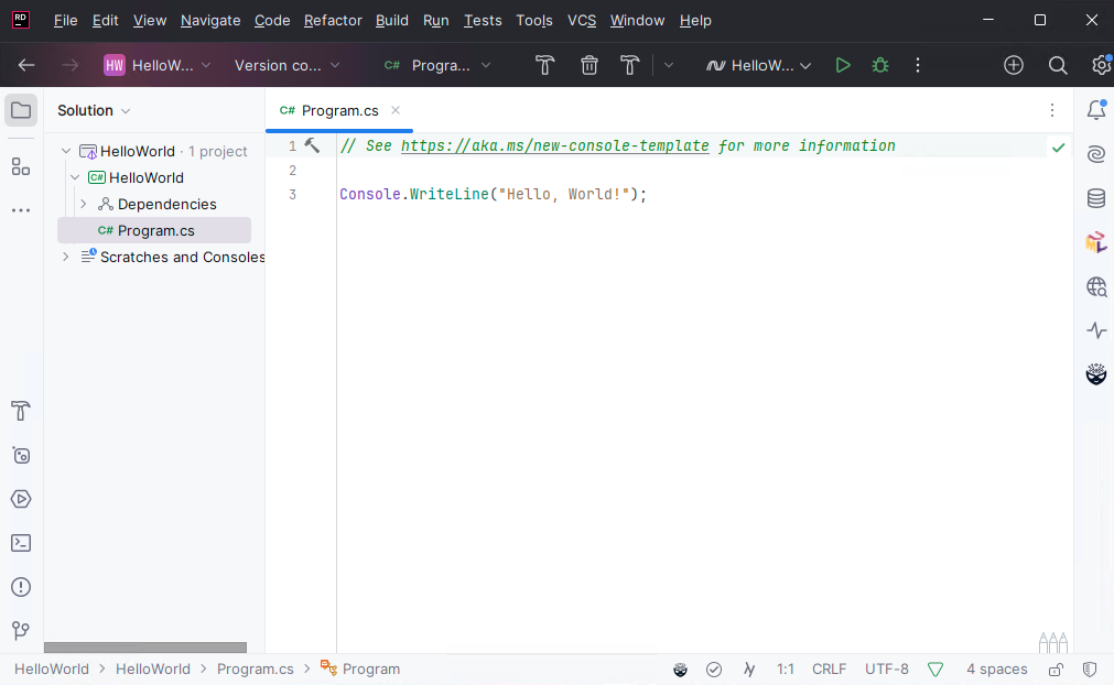 A screenshot of JetBrains Rider with a HellowWorld project open on the Program.cs file