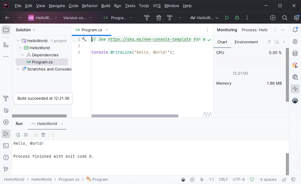 A screenshot of JetBrains Rider where the user has ran the HelloWorld application and can see the output in the run window