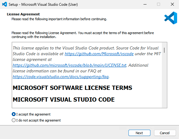 A screenshot of the Visual Studio Code installer on the license agreement screen