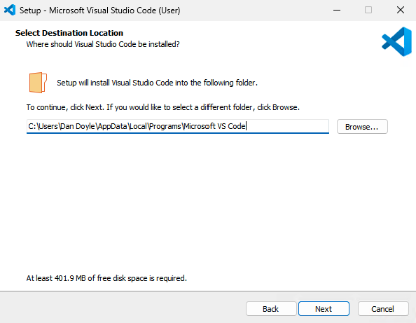 A screenshot of the Visual Studio Code installer on the destination location screen