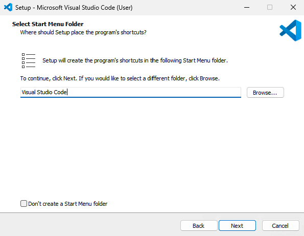 A screenshot of the Visual Studio Code installer on the select start menu folder screen