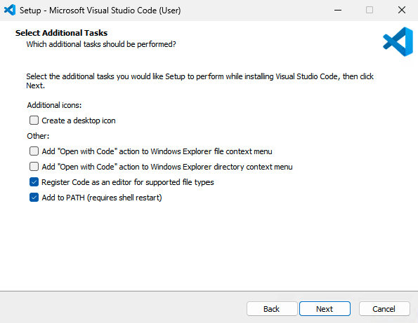 A screenshot of the Visual Studio Code installer on the select additional tasks screen