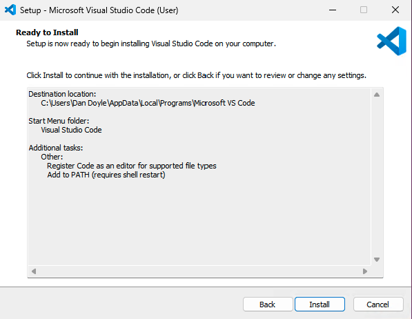 A screenshot of the Visual Studio Code installer on the ready to install screen
