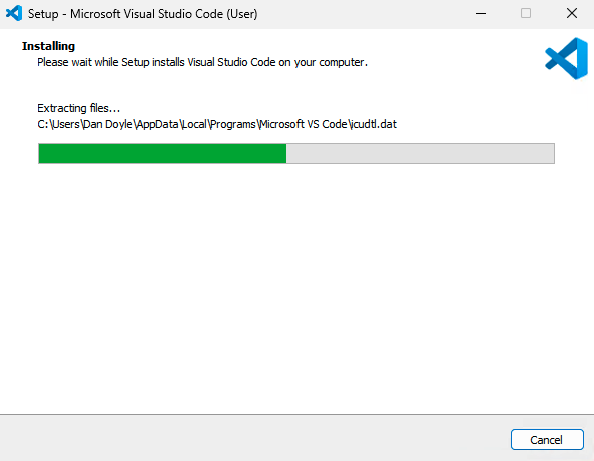 A screenshot of the Visual Studio Code installer on the installing screen