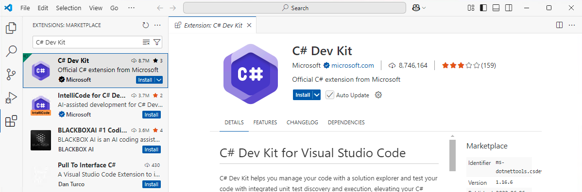 A screenshot of the Visual Studio Code's extension screen, with the C# Dev Kit extension open
