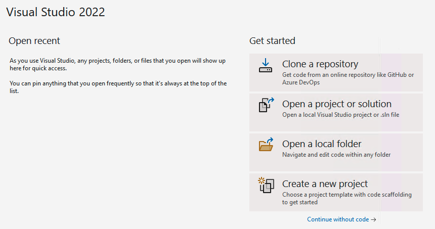 A screenshot of Visual Studio ide start screen