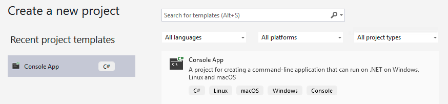 A screenshot of Visual Studio create a new project screen