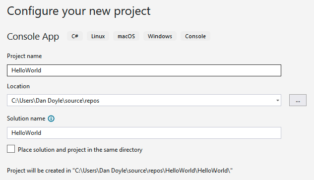 A screenshot of Visual Studio create a new project screen