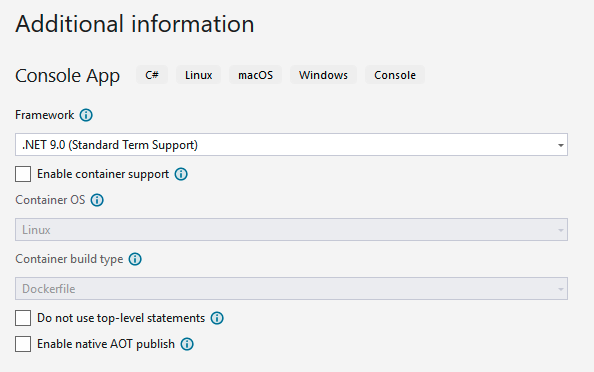 A screenshot of Visual Studio additional information screen