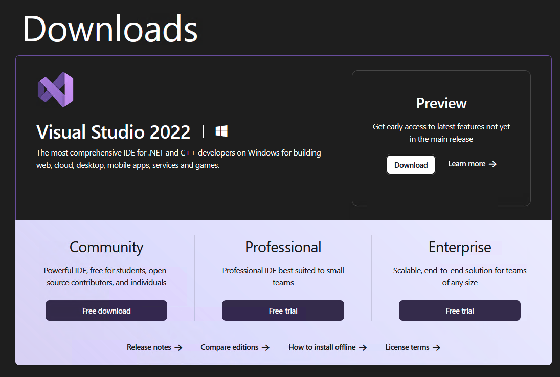 A screenshot of the Visual Studio download page