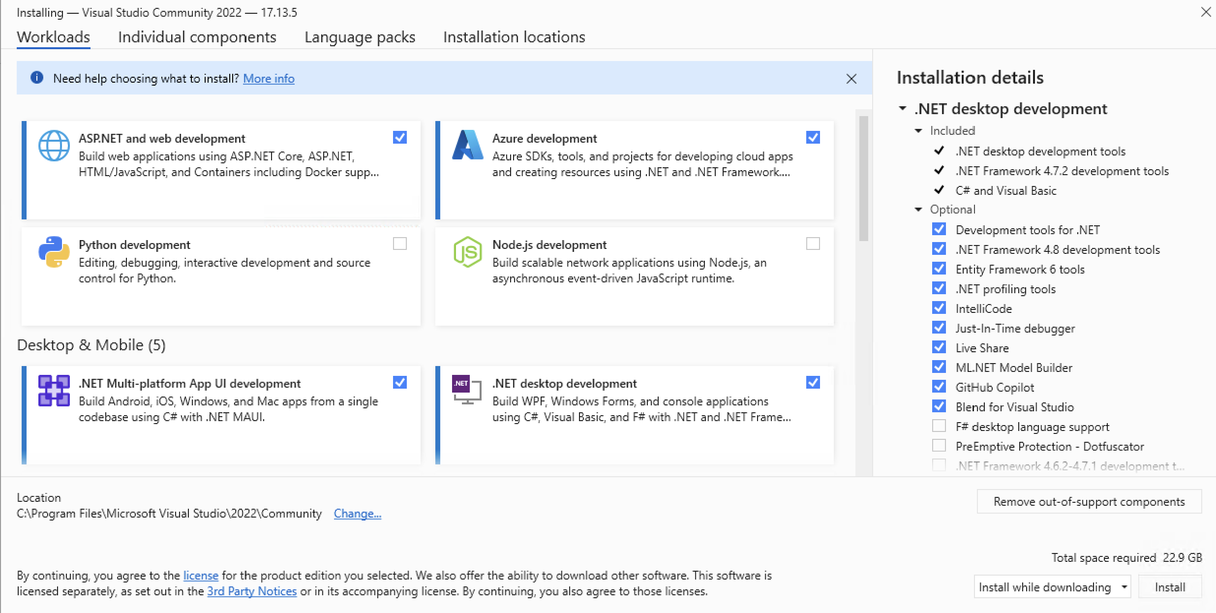 A screenshot of the Visual Studio installer workloads selection screen
