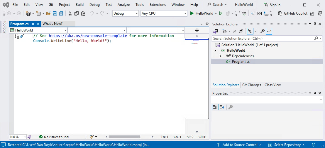 A screenshot of Visual Studio hello world project screen
