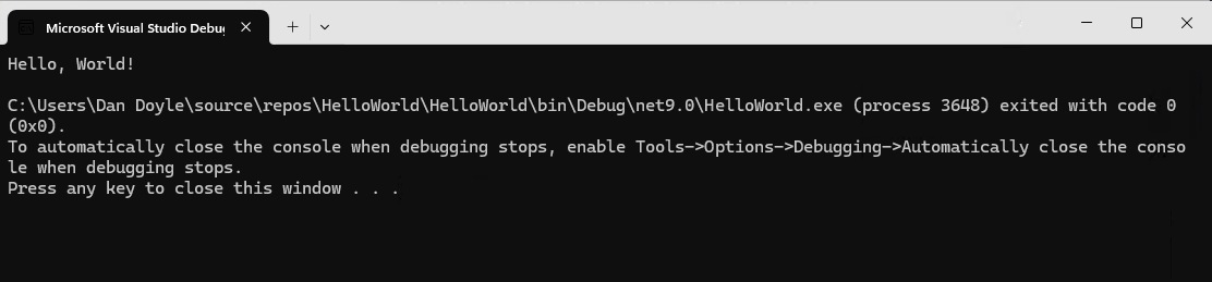 A screenshot of a Visual Studio debugger console window showing the hello world project running